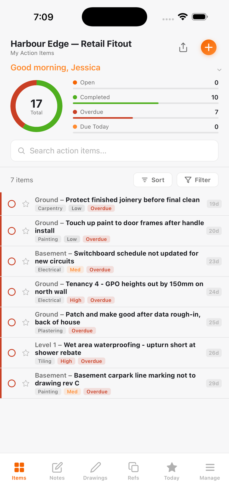 Build Pro HQ Items tab in light theme on the Harbour Edge demo project: the completion wheel with open, completed, overdue and due-today counts above the open action items, each tagged by level and trade
